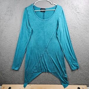How Cute Tunic Top Tee Women Large Asymmetrical Hem Stretch Teal‎ Blue Boho
